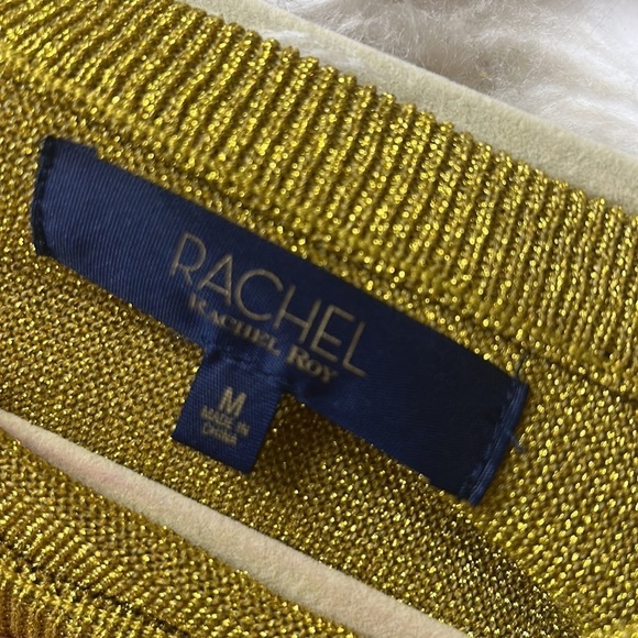RACHEL ROY Gold Stretch Metallic Ribbed Graphic Long Sleeve Crew Neck Sweater Md - Picture 9 of 9